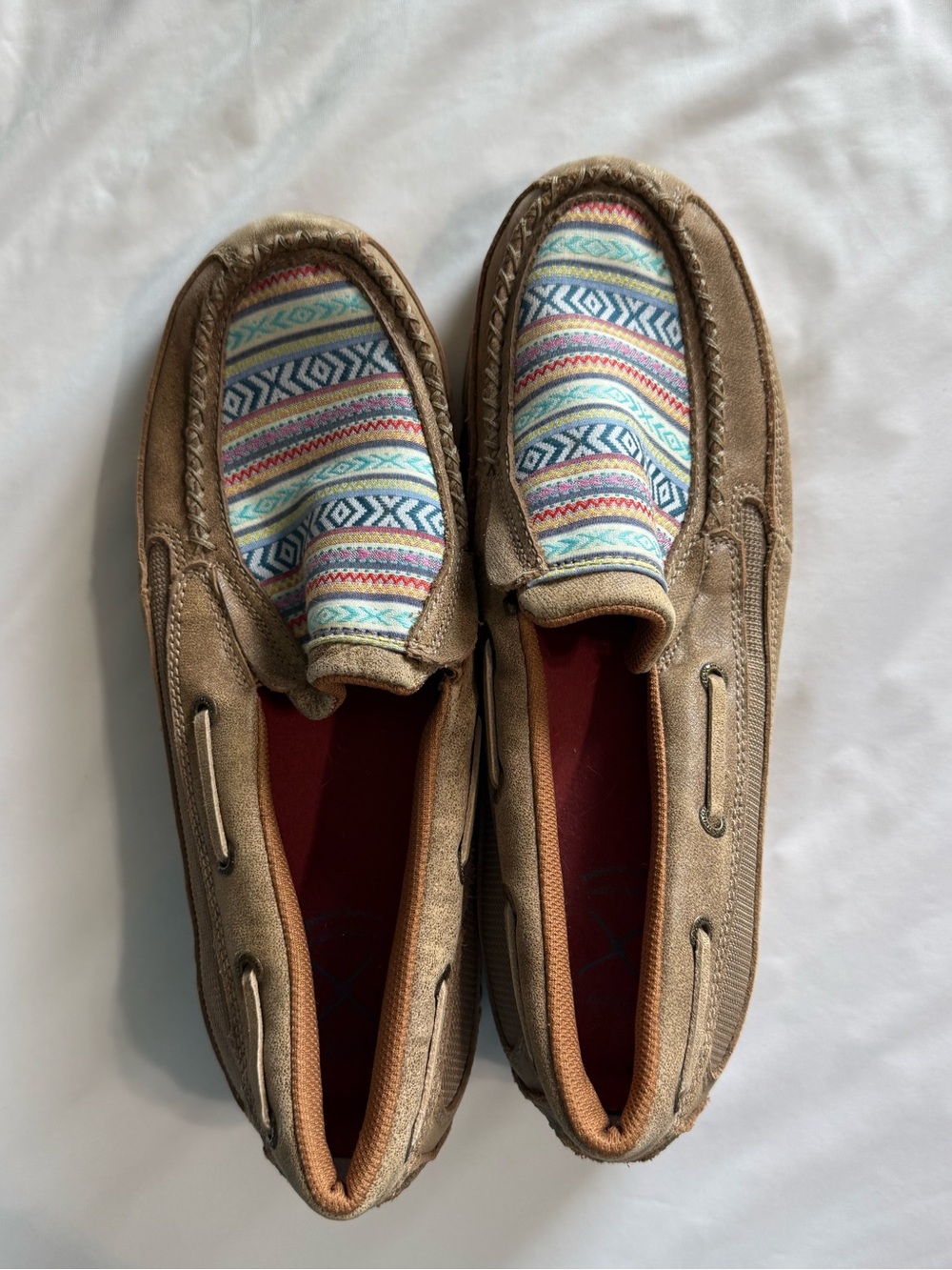Twisted X Tan Slip-On  Driving Moc with Multicolor Aztec Print.